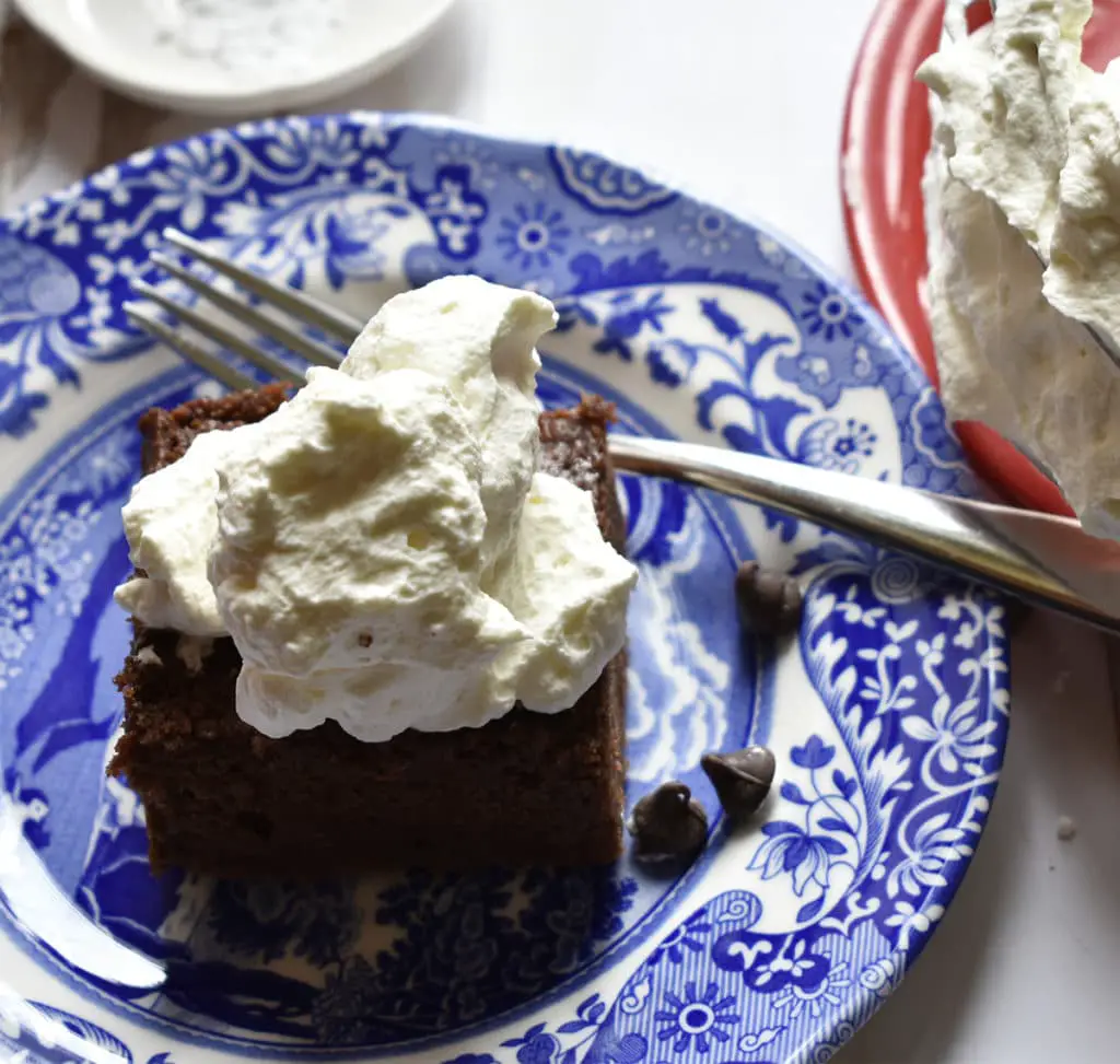 homemade dark chocolate cake and whipped cream