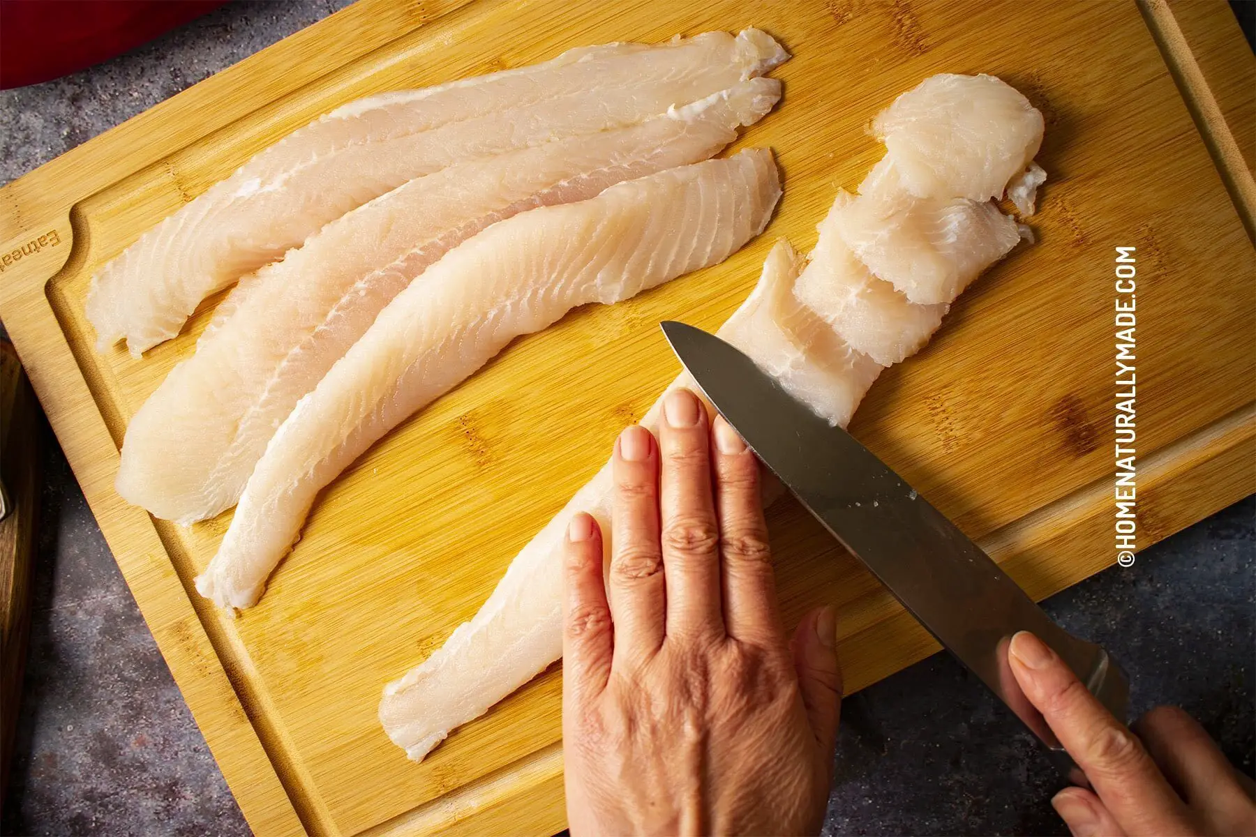 Slice Fish Fillet with an angle for consistent thin pieces