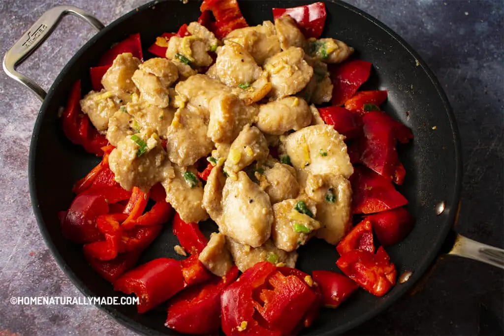 Saute Cooked Fish Fillet and Red Bell Pepper