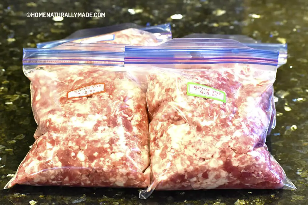 Store Home Groud Pork in quart size freezer friendly ziplock bag