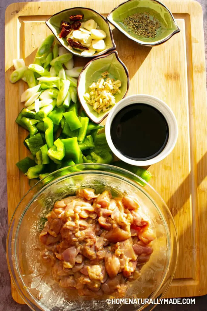 Marinate Chicken, Prep Ingredients for Kung Bao Chicken