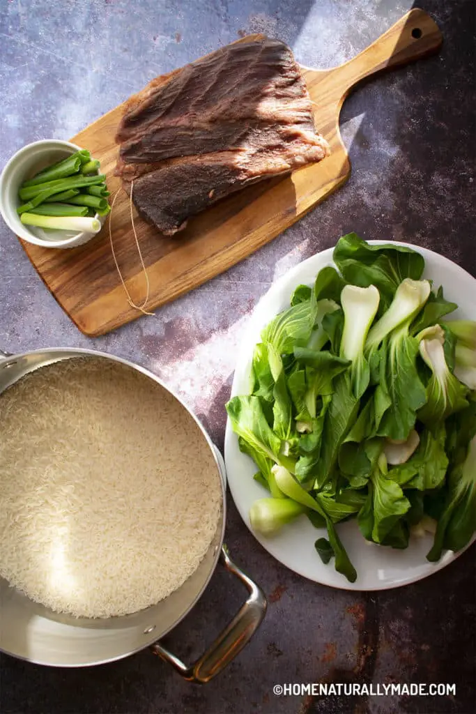 salted pork with rice and bok choy ingredients