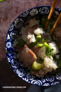 salted pork with rice and bok choy one-pot meal