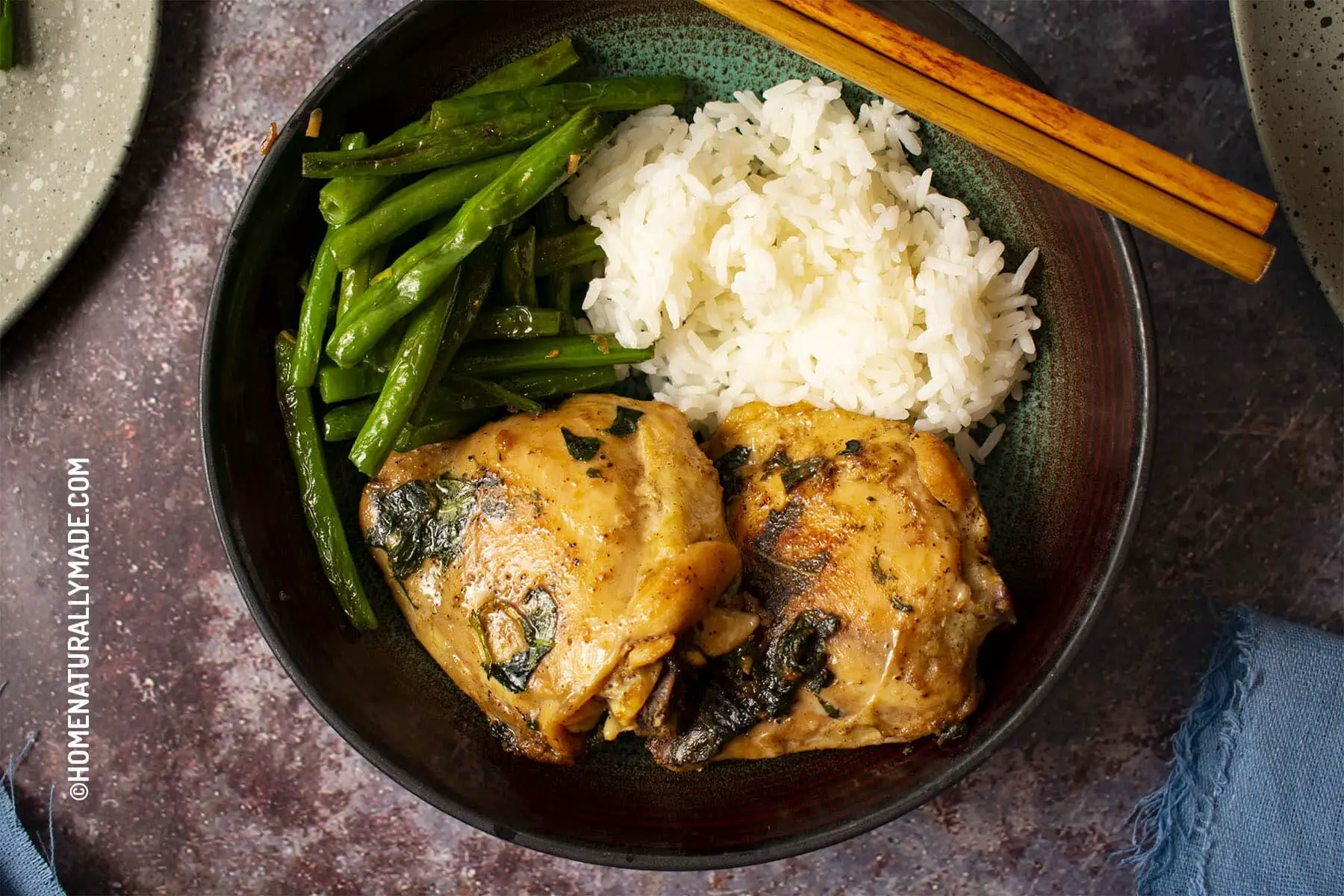 Pan Fried Chicken Thighs with Basil & Black Pepper Rice Bowl