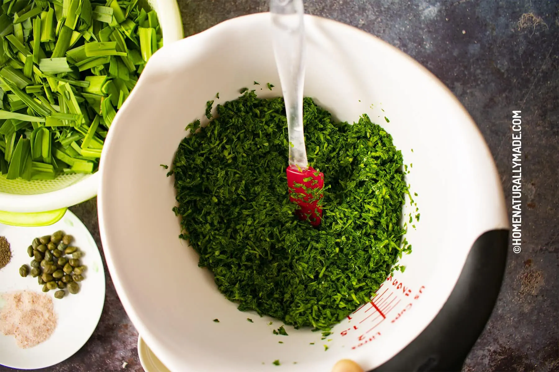 Finely chopped parsley and leek greens