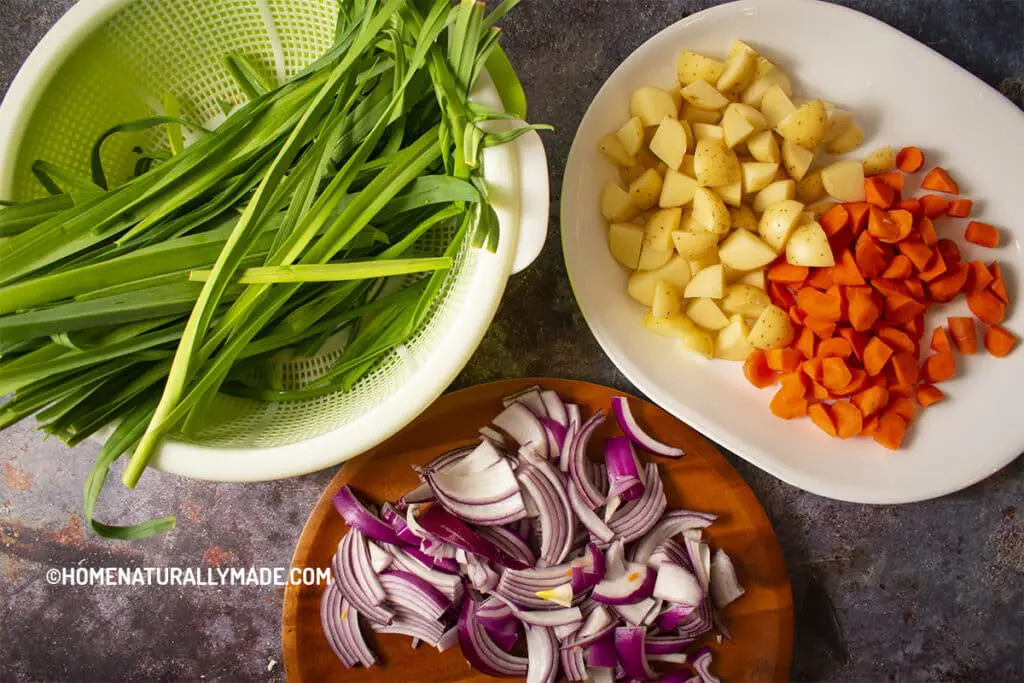Chopped vegetables for Braised Pork Belly Rice Bowl