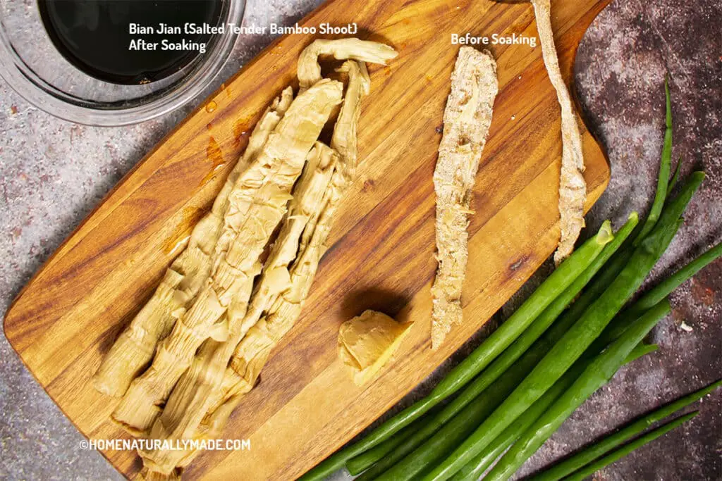 Bian Jian {Salted Tender Bamboo Shoots} before and after soaking