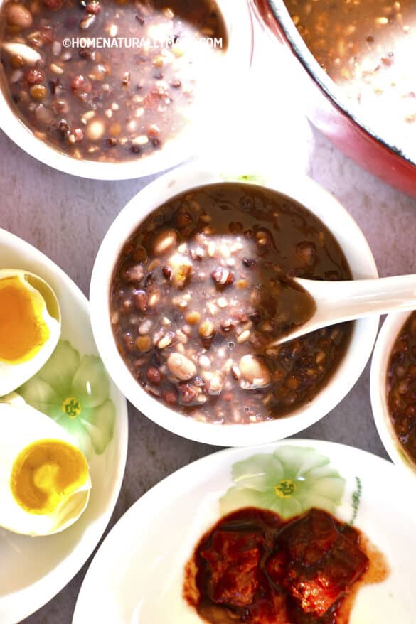 Ba Bao Zhou {eight treasure porridge} with salted duck egg and rose fermented bean curd