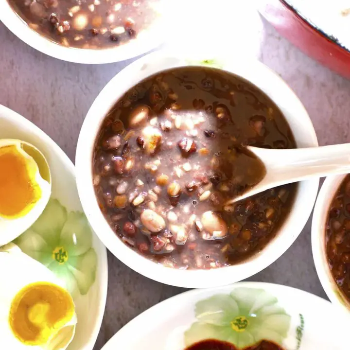 Ba Bao Zhou {eight treasure porridge} with salted duck egg and rose fermented bean curd