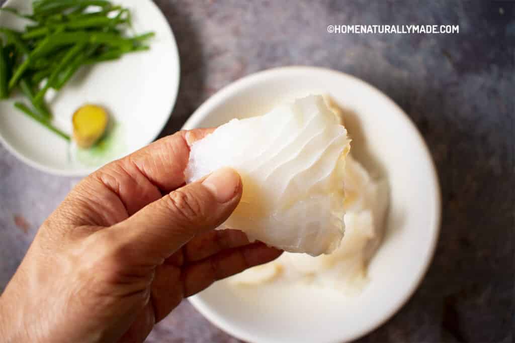 cod fillet angle sliced into thin pieces