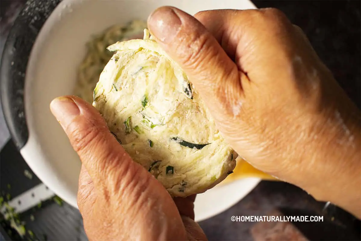how to hand press zucchini pancakes step 3