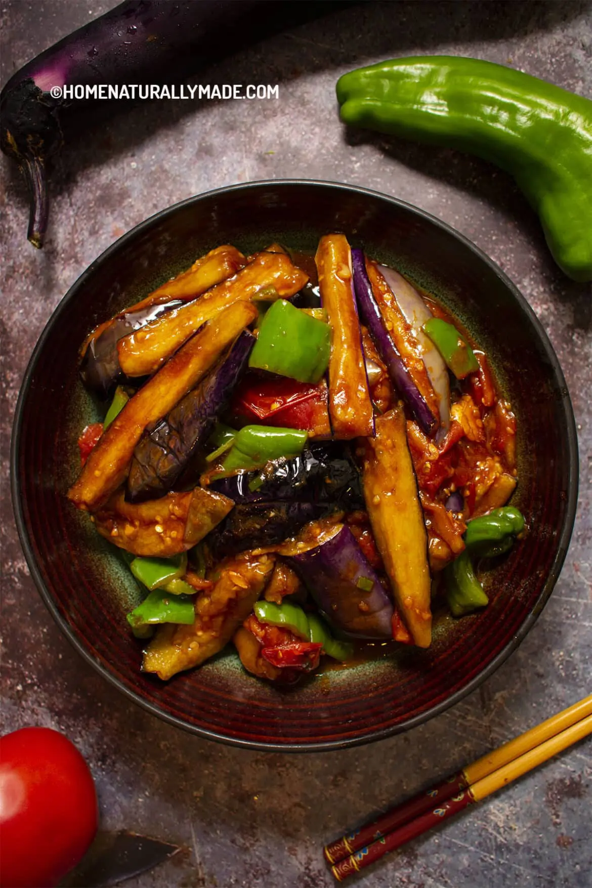 Di San Xian {Stir Fried Egg Plant, Tomato and Green Pepper}