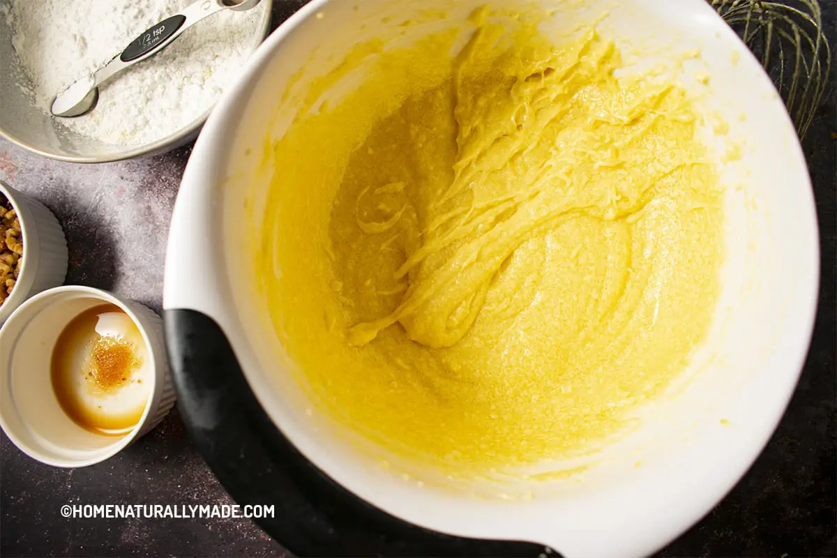 whisk eggs, sugar, butter, and coconut oil until fully blended
