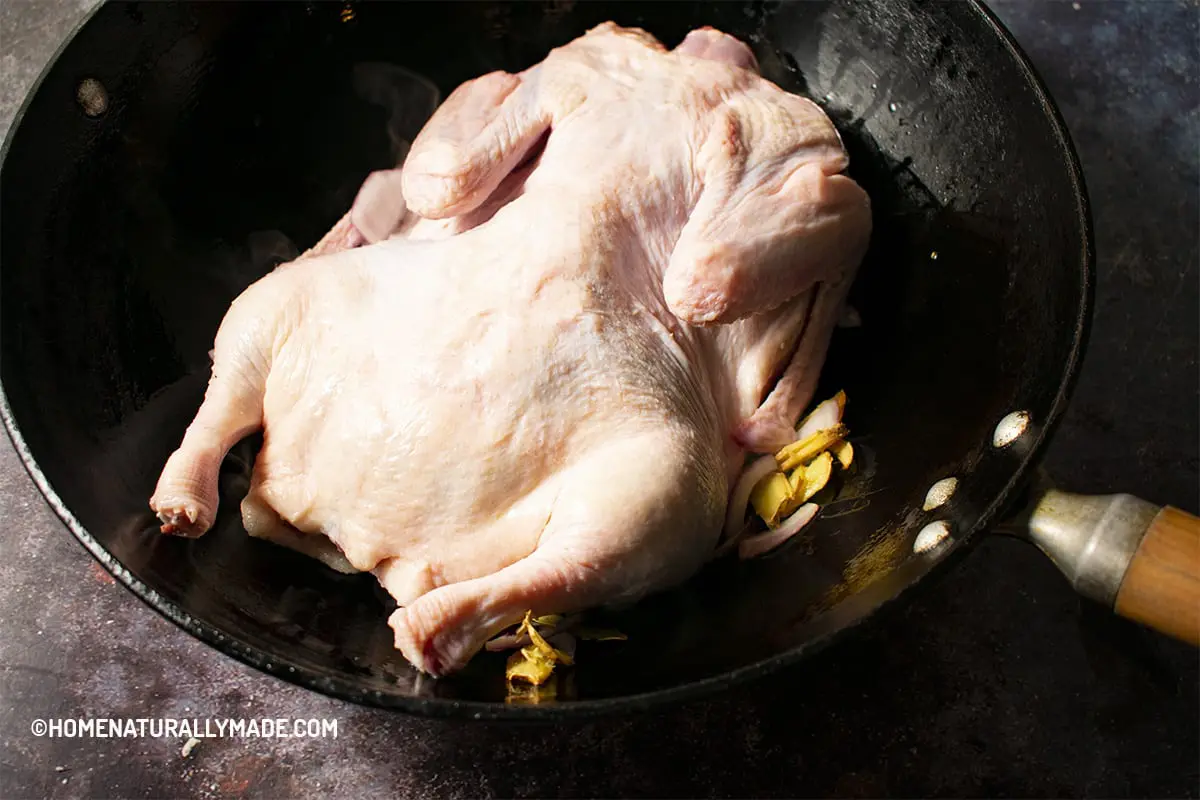 Sear duck in the wok for cooking Braised Duck with Spices {Chinese Style Lu Ya 卤鸭}