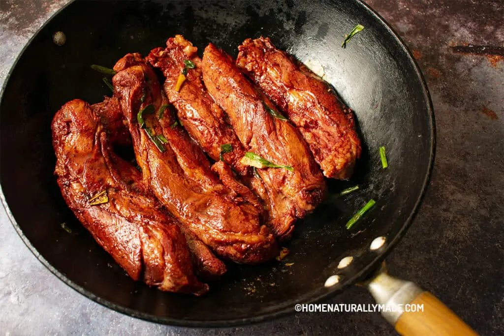 Pan Fry {Sear} the marinated pork strips for making Braised Char Siu