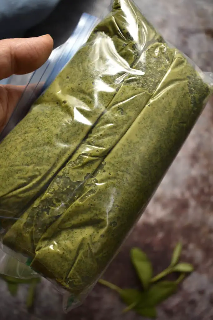 store fresh herb {basil or sage) pesto in snack size bags