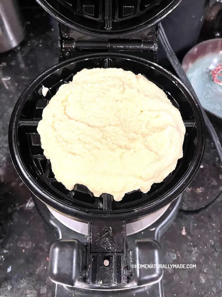 fill waffle maker 75% full leaving room for expansion