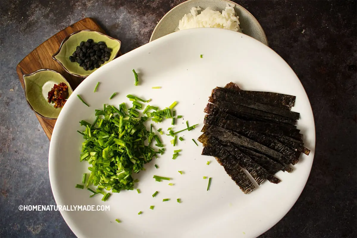 chopped green onion and cut nori strips for Asian Fusion Fried Rice