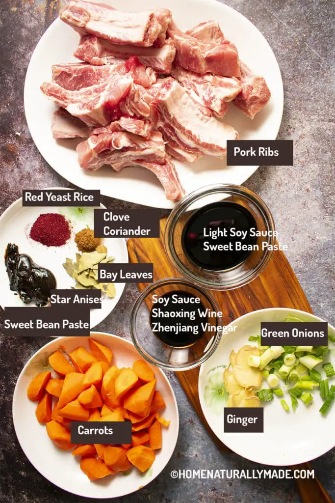 Ingredients for making red braised pork ribs Chinese Style with Carrots