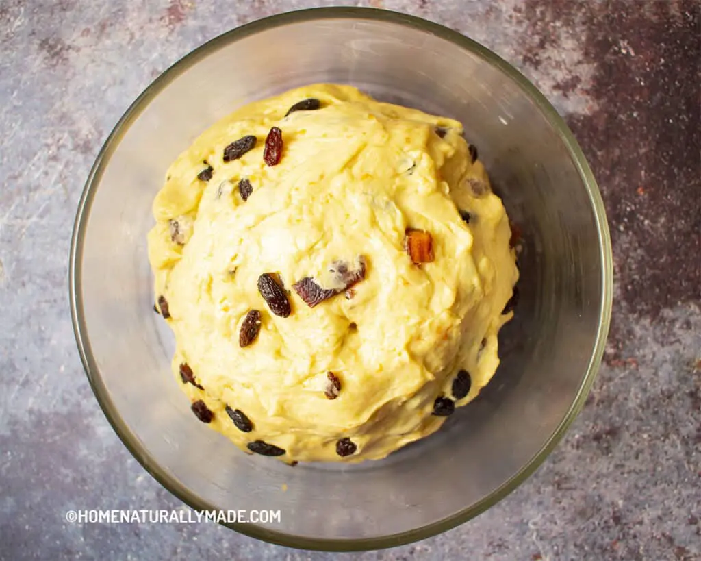 Soft dough with dried fruits for making Italian Panettone, before rise