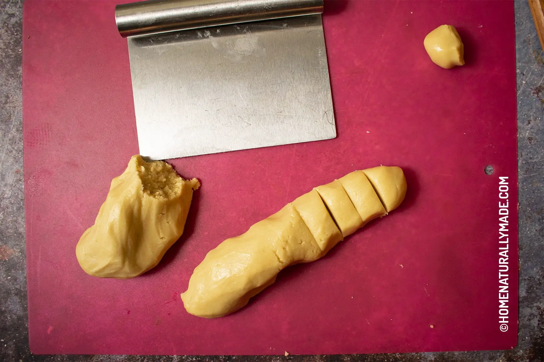 Divide oil-based dough into equal portions for flaky pastry wrappers