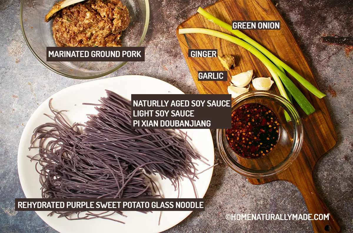 Ingredients for making Ma Yi Shang Shu {Sichuan Style Glass Noodle Stir Fry}
