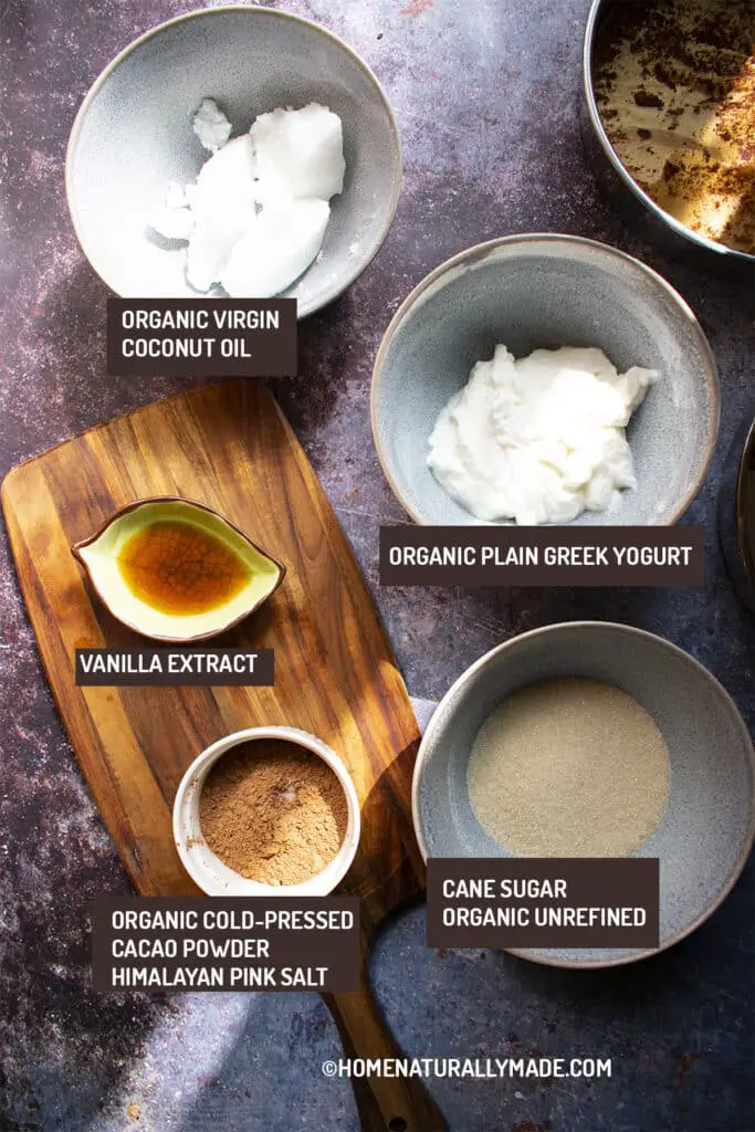 ingredients for Greek Yogurt Chocolate Frosting