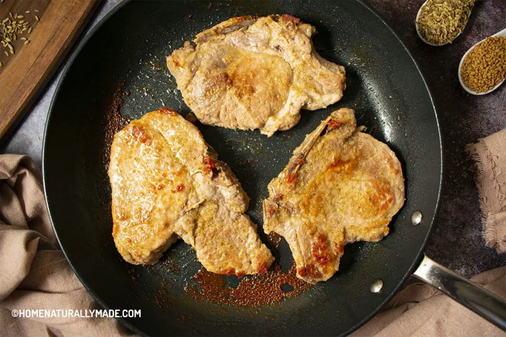 Freshly Braised Greek Pork Chops in the Fry Pan