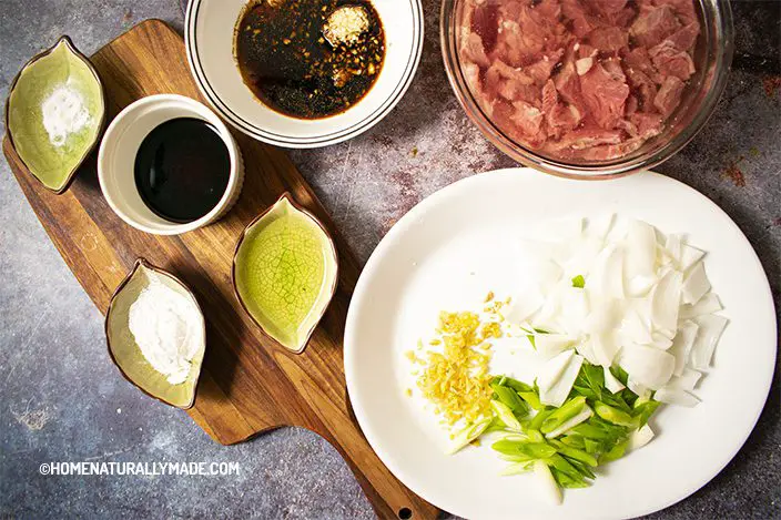prepare green onion, ginger and white onion for Mongolian Beef