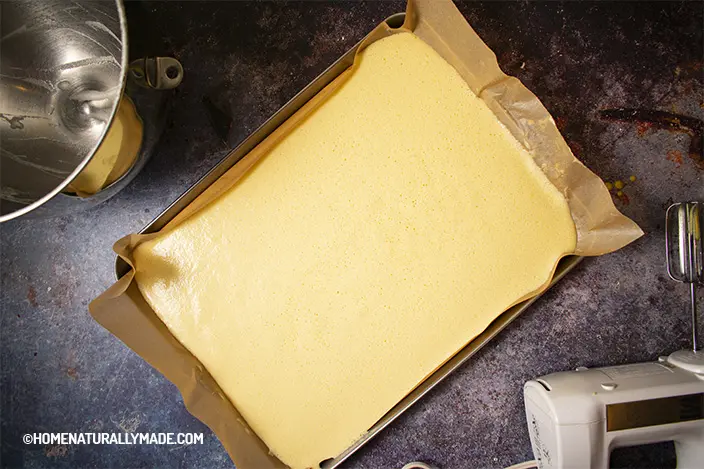 cake roll batter in the baking pan