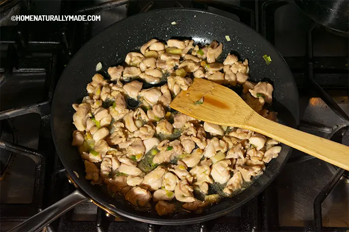 sear and cook marinated chicken slices in the fry pan