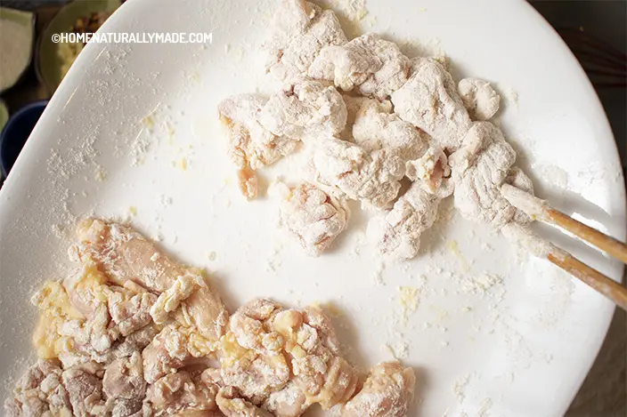 Recoat the chicken chunks with flour and arrowroot right before frying