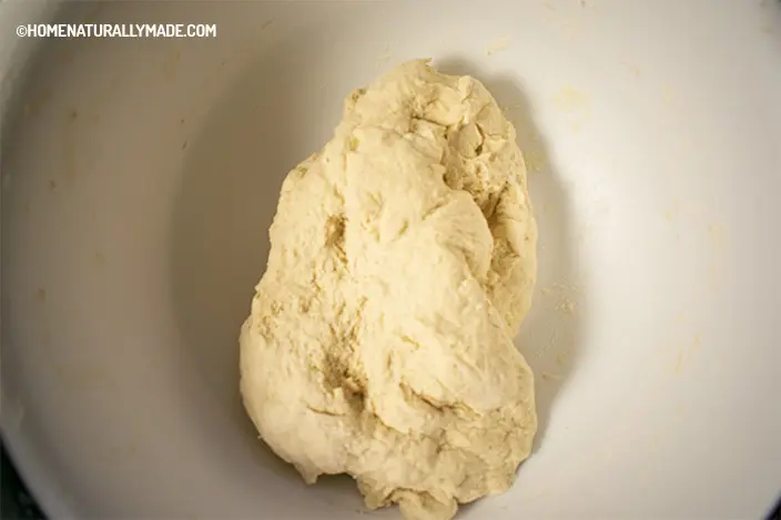 bread dough in the mixing bowl