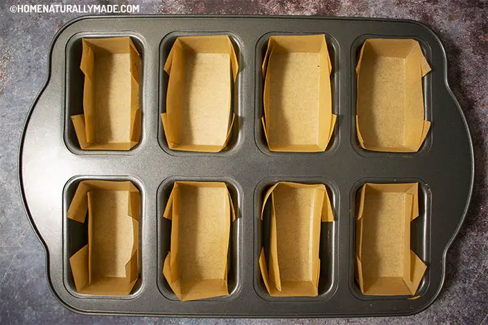 mini loaf pan with homemade liners made of unbleached parchment paper