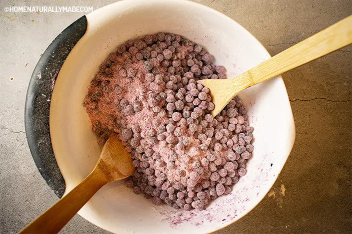 mixing frozen wild blueberry pie filling
