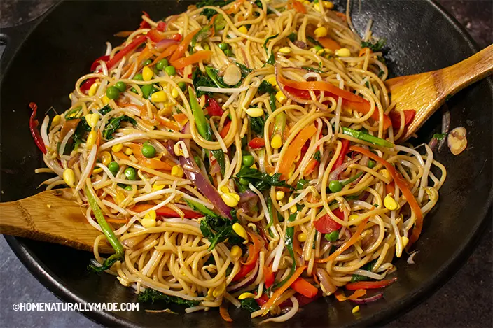 freshly made vegan chow mein in the wok