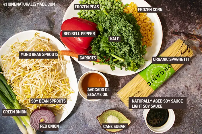 ingredients for easy yummy healthy vegan chow mein