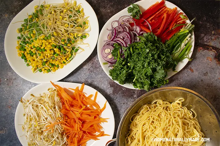 prepare vegetable assortment for vegan chow mein