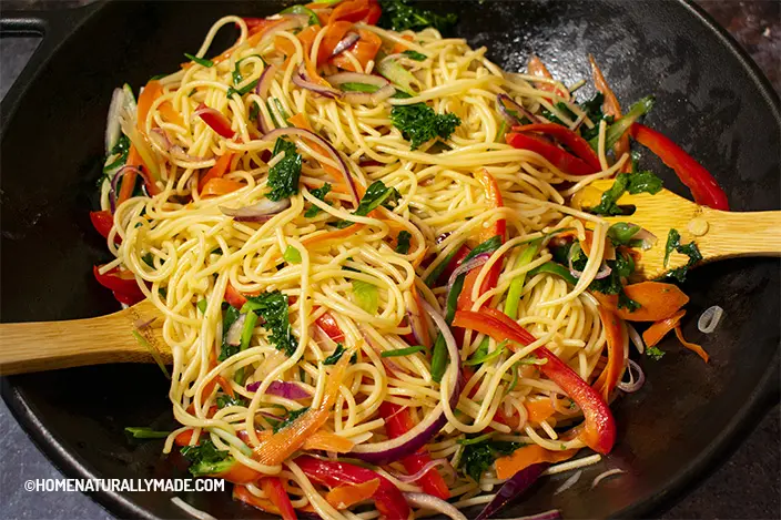 stir fried vegetable assortment with noodles in the wok