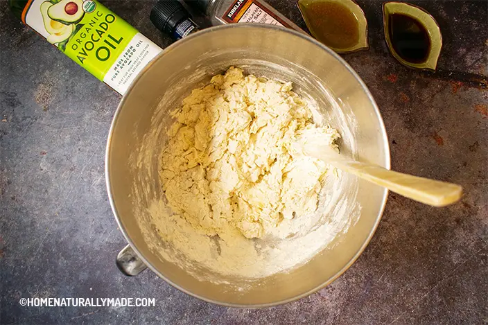 combine all-purpose flour, avocado oil, salt and water in a large mixing bowl