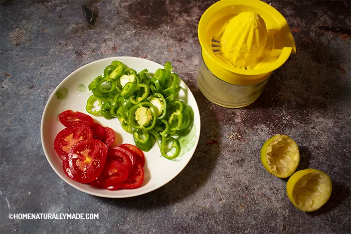 thin sliced tomato and long green pepper, hand juiced lime juice for making Tomatillo Chicken