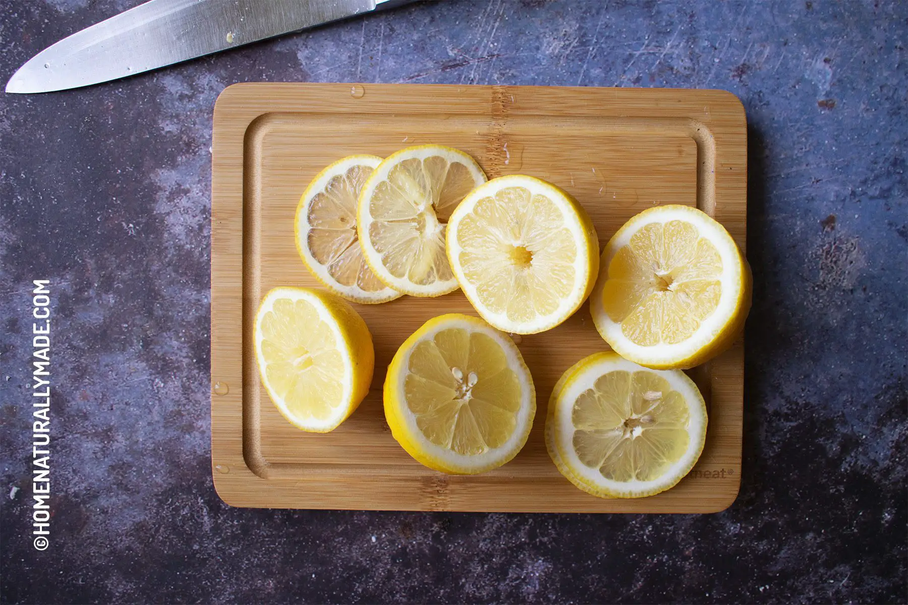 cut lemon into halves and slice a few thin slices off each half